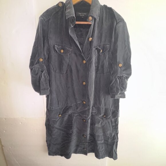rag & bone 100% Silk Black Shirt Dress Collar Brass Buttons size 6 - Picture 11 of 12